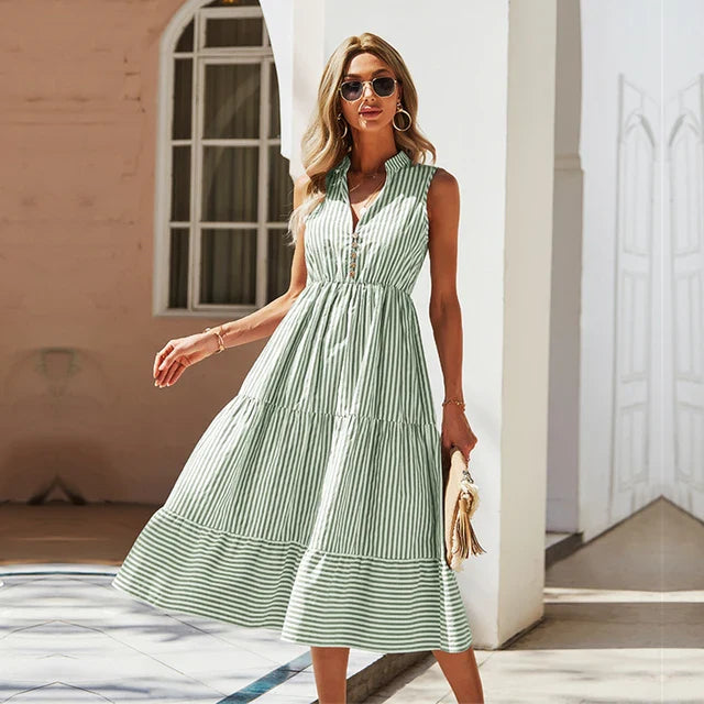 Vestido Listrado Sem Mangas