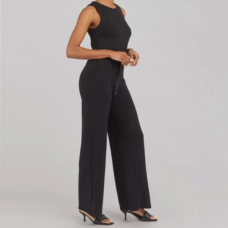 Macacão Casual Sem Mangas Calça De Perna Larga Com Bolsos