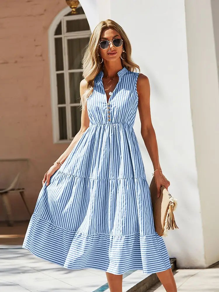 Vestido Listrado Sem Mangas