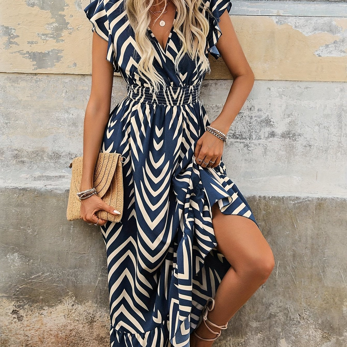 Vestido Longo Estampado Chevron