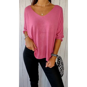 Blusa confortável de mangas longas com decote em V